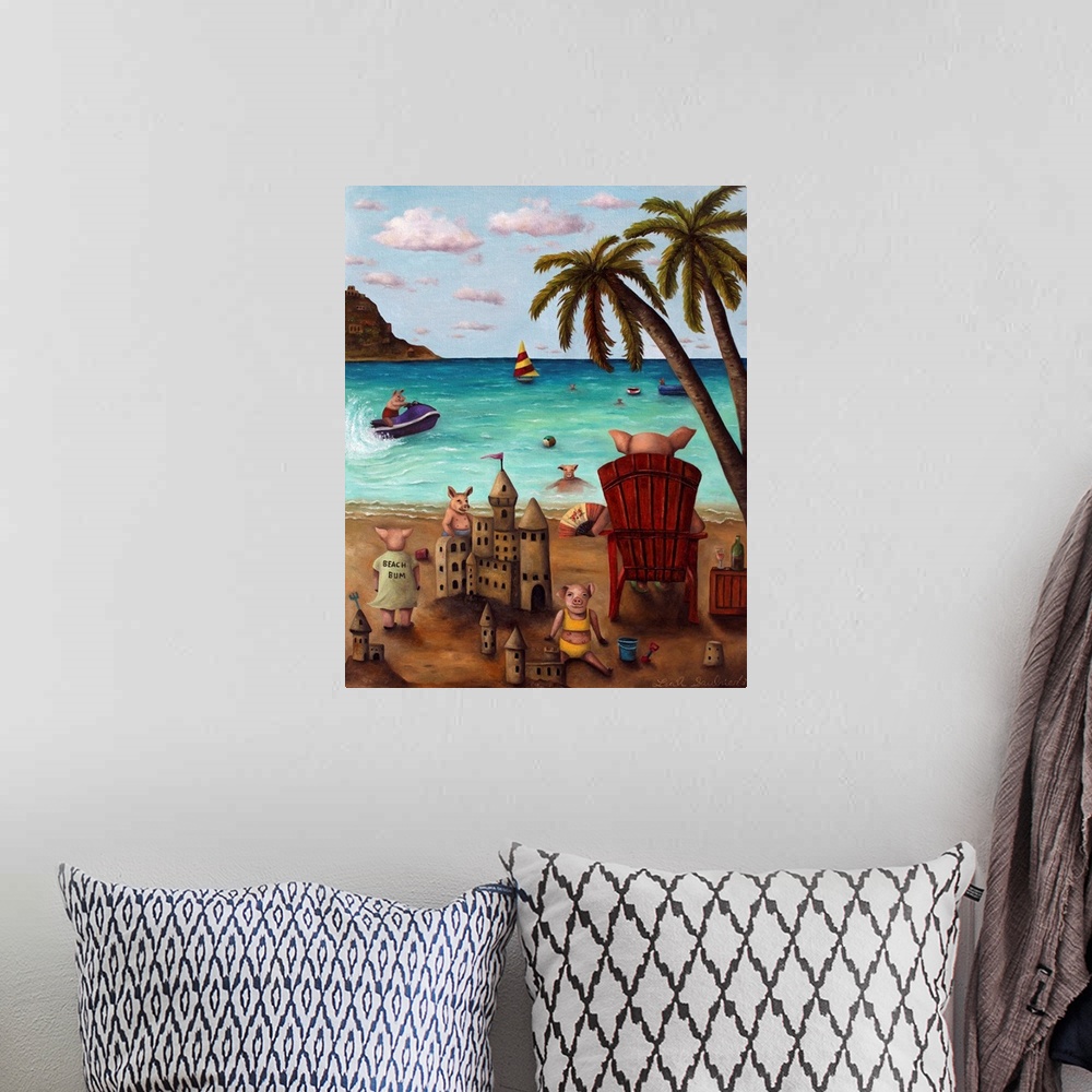 A bohemian room featuring Surrealist painting of a family of pigs on a beach enjoying the sun.