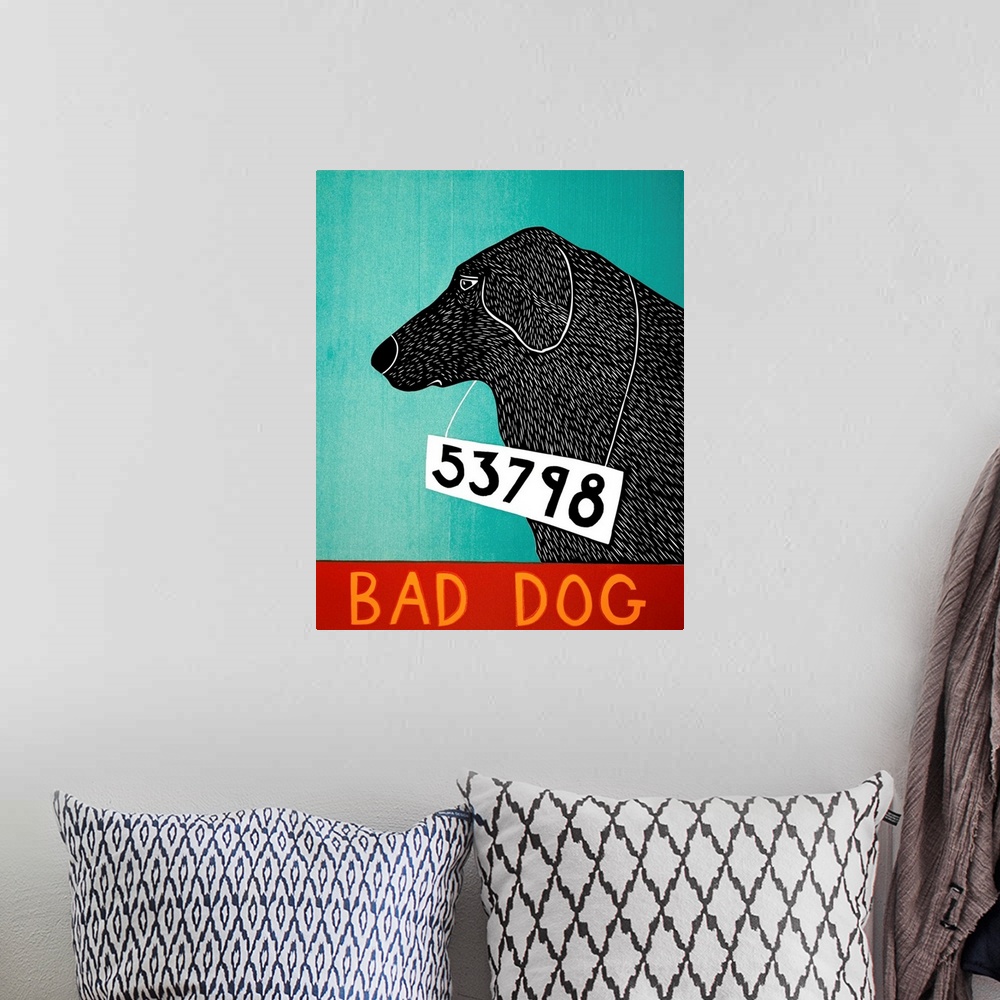 A bohemian room featuring Illustration of a black lab mug shot with the phrase "Bad Dog" written on the bottom.