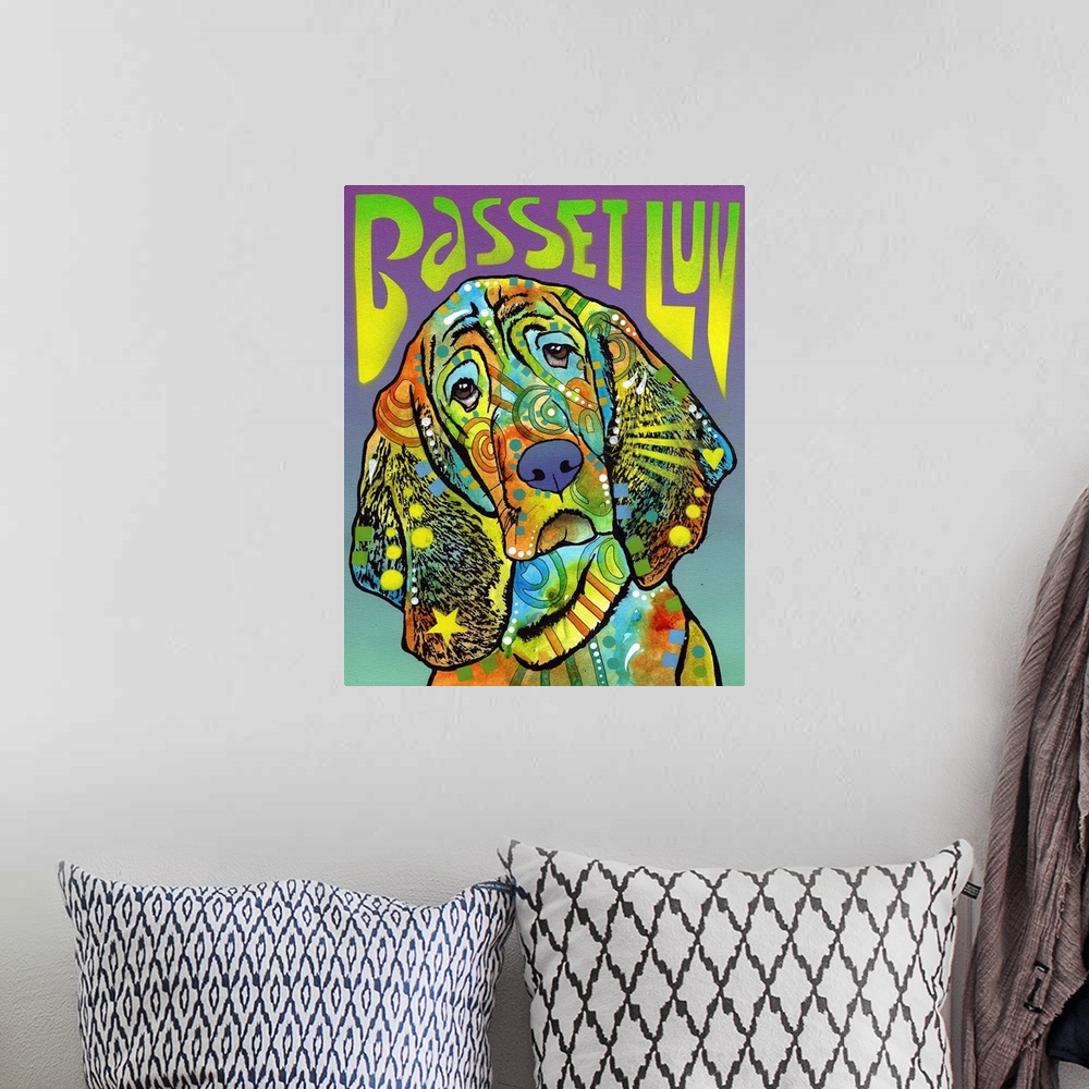 A bohemian room featuring "Basset Luv" written above a colorful portrait of a Basset Hound with abstract markings.