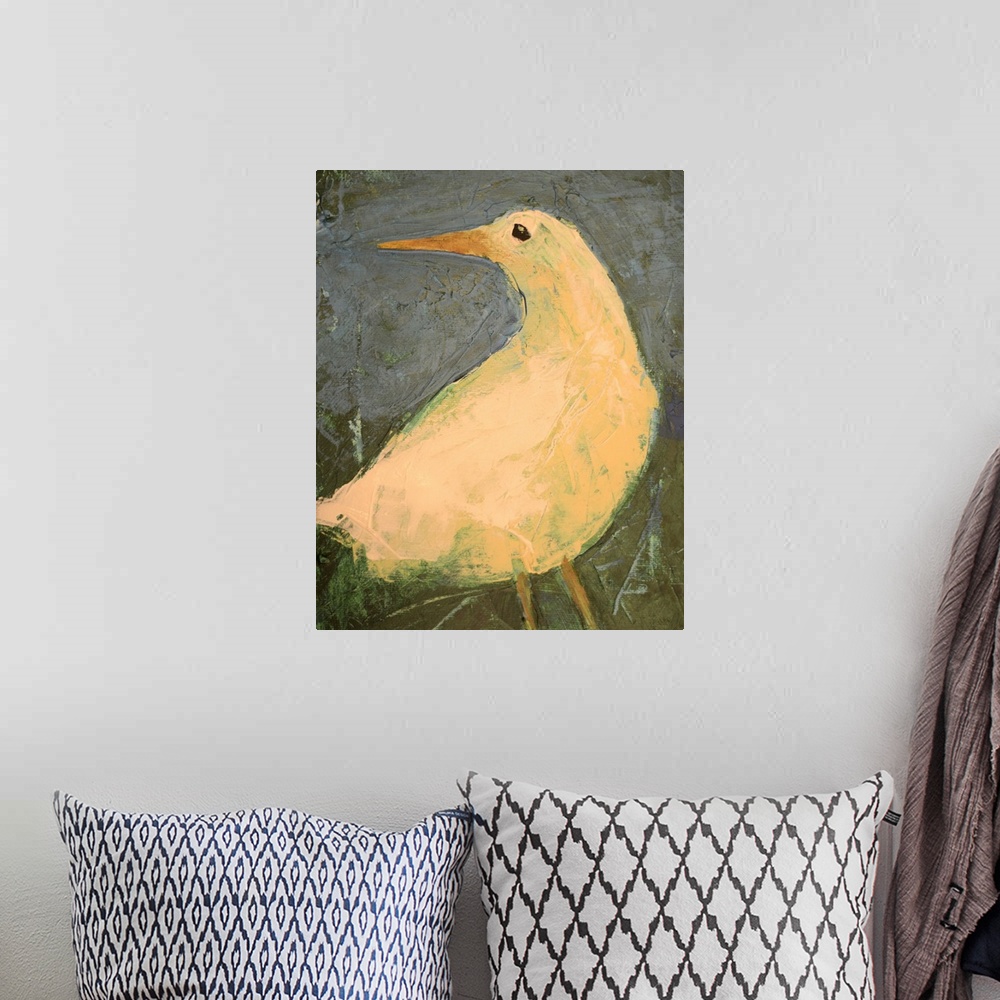 A bohemian room featuring Contemporary painting of a bird with a long thin beak.