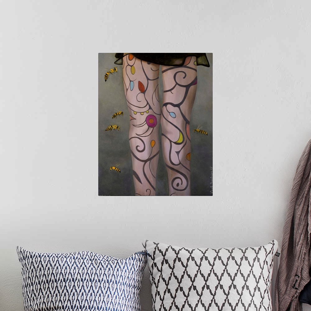 A bohemian room featuring Surrealist painting of a woman's legs with flowers and vines painted on them with bees hovering i...