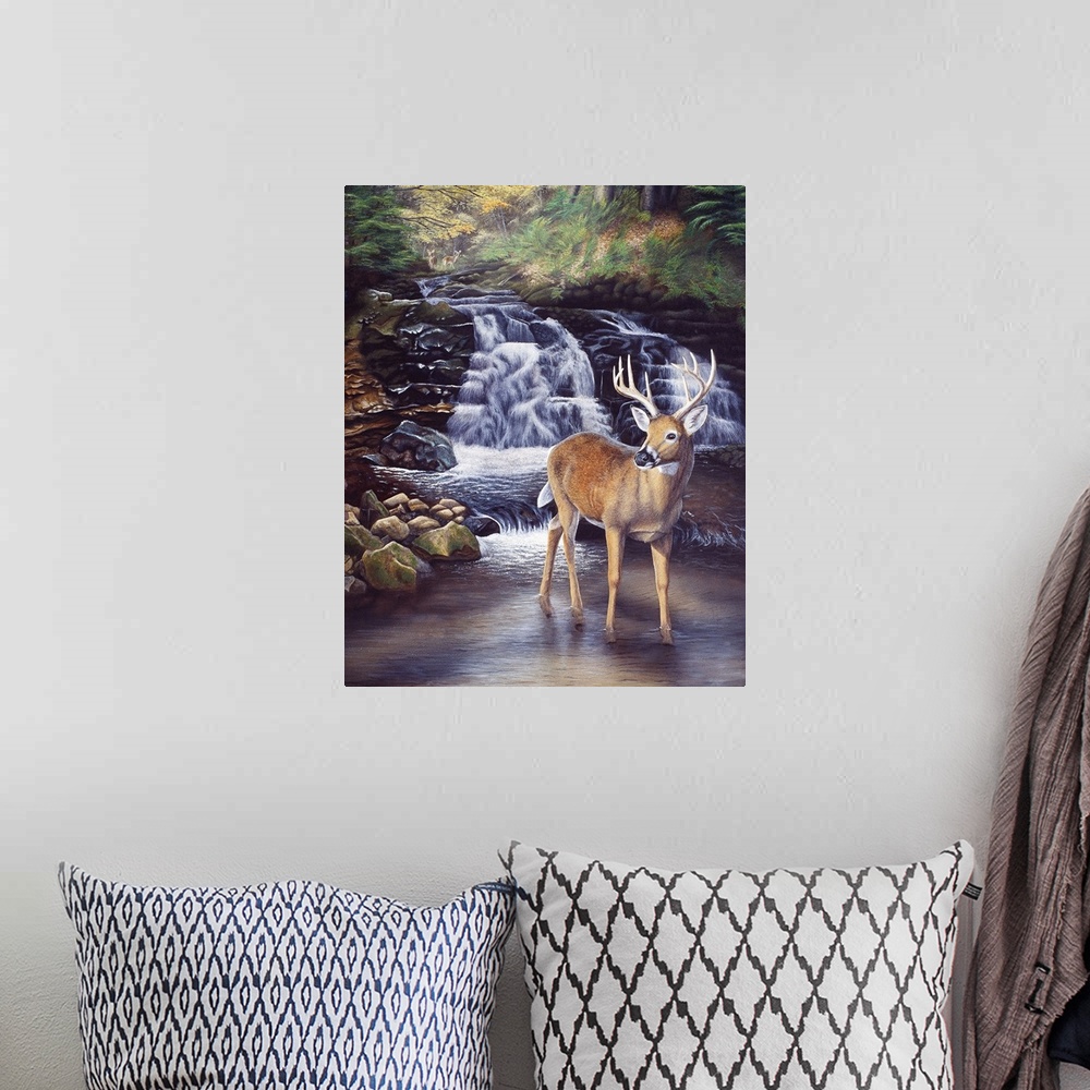 A bohemian room featuring Contemporary painting of a stag standing in a shallow river with a waterfall behind.