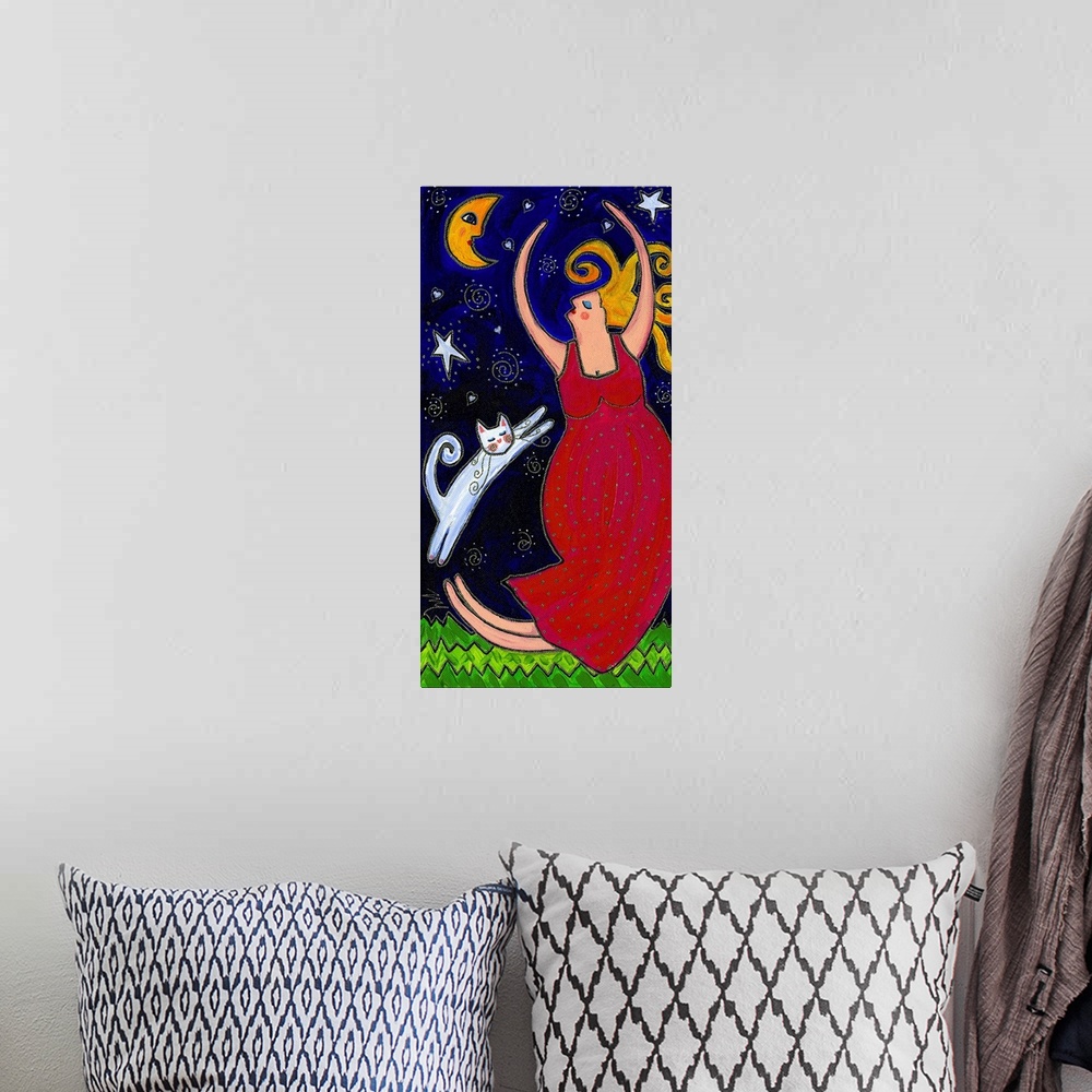 A bohemian room featuring A woman in a red dress with a white cat dancing under the moon.