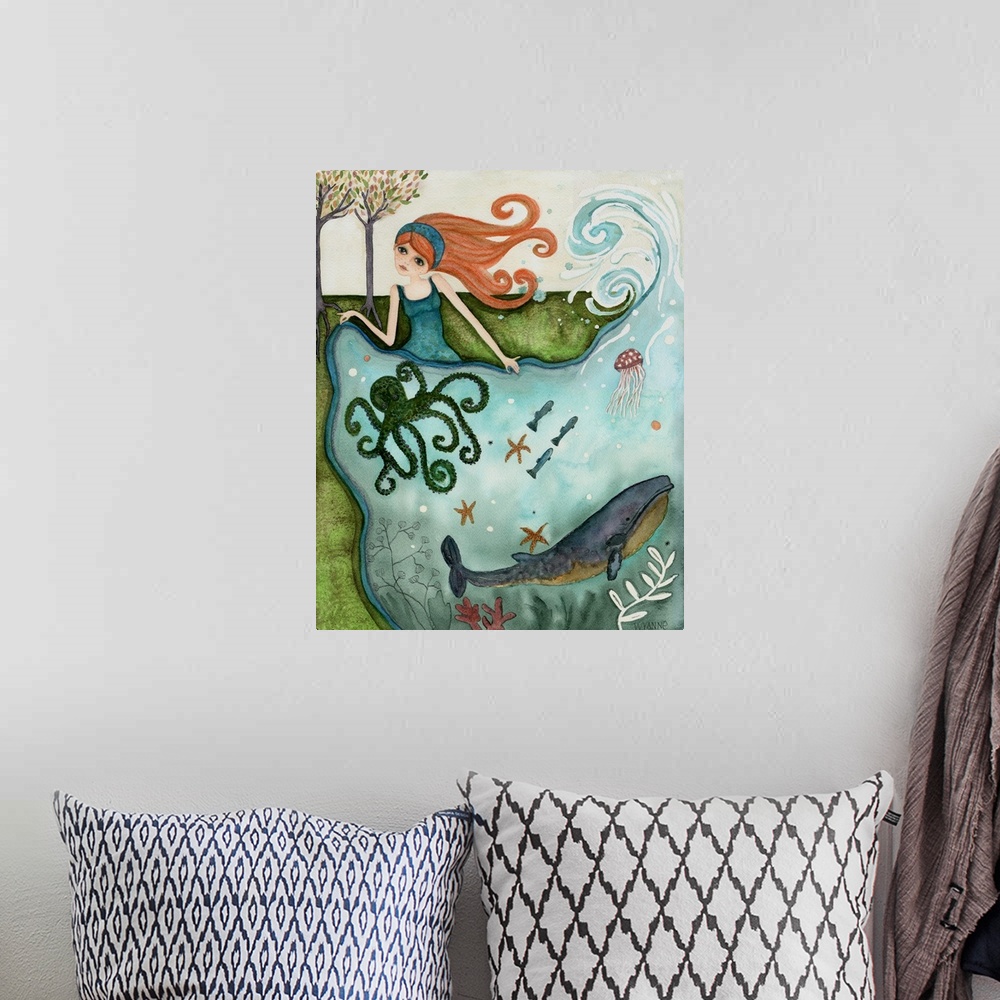A bohemian room featuring A woman creating an ocean full of fish, octopus, and whales.