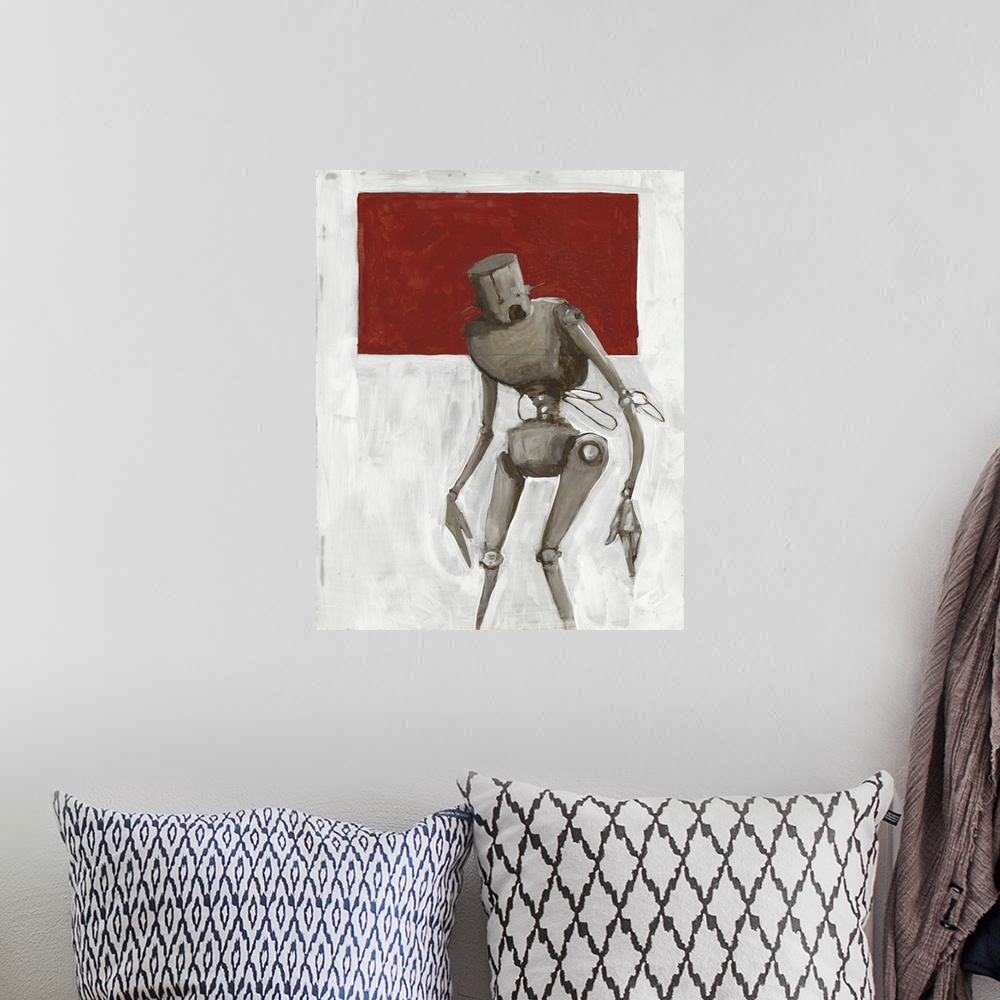 A bohemian room featuring Illustration of a thin grey robot standing in front of a red square.