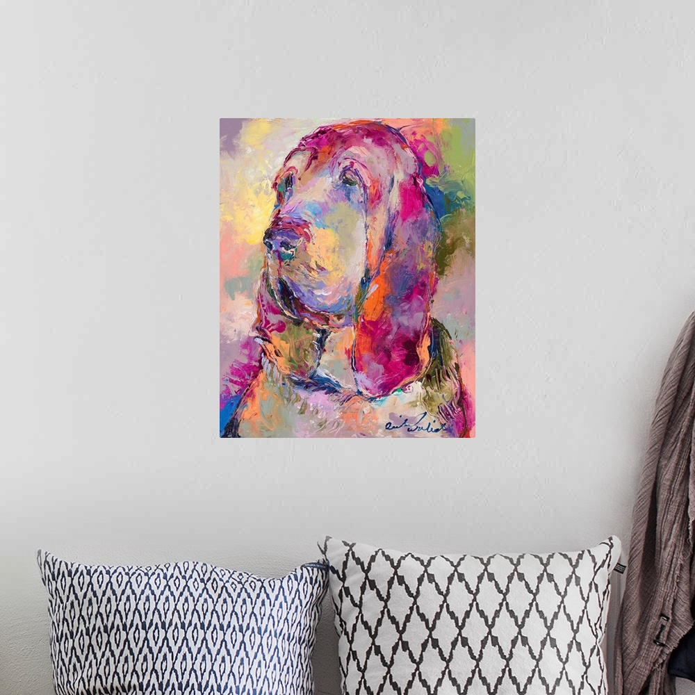 A bohemian room featuring Colorful abstract painting of a blood hound.