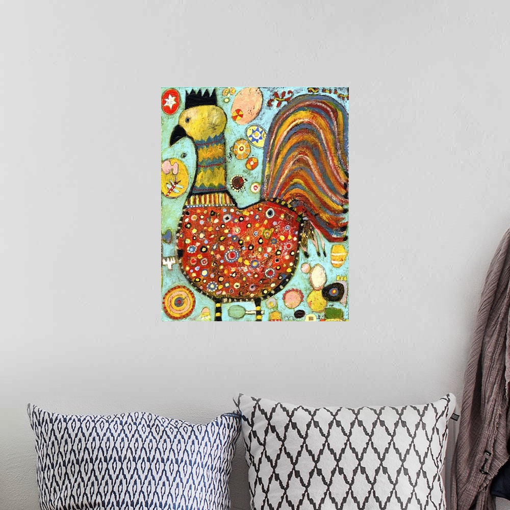 A bohemian room featuring Lighthearted contemporary painting of a multi-colored chicken.