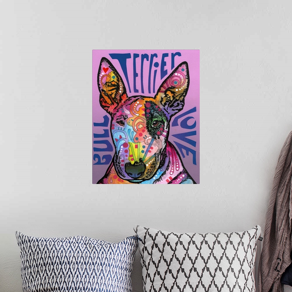 A bohemian room featuring "Bull Terrier Luv" written around a colorful painting of a Bull Terrier with abstract markings on...