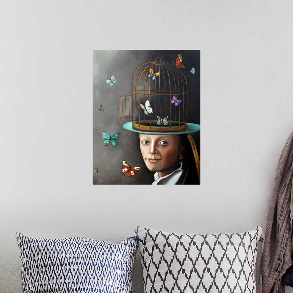 A bohemian room featuring Surrealist painting of a woman with the top half of her head as a cage with butterflies flying al...