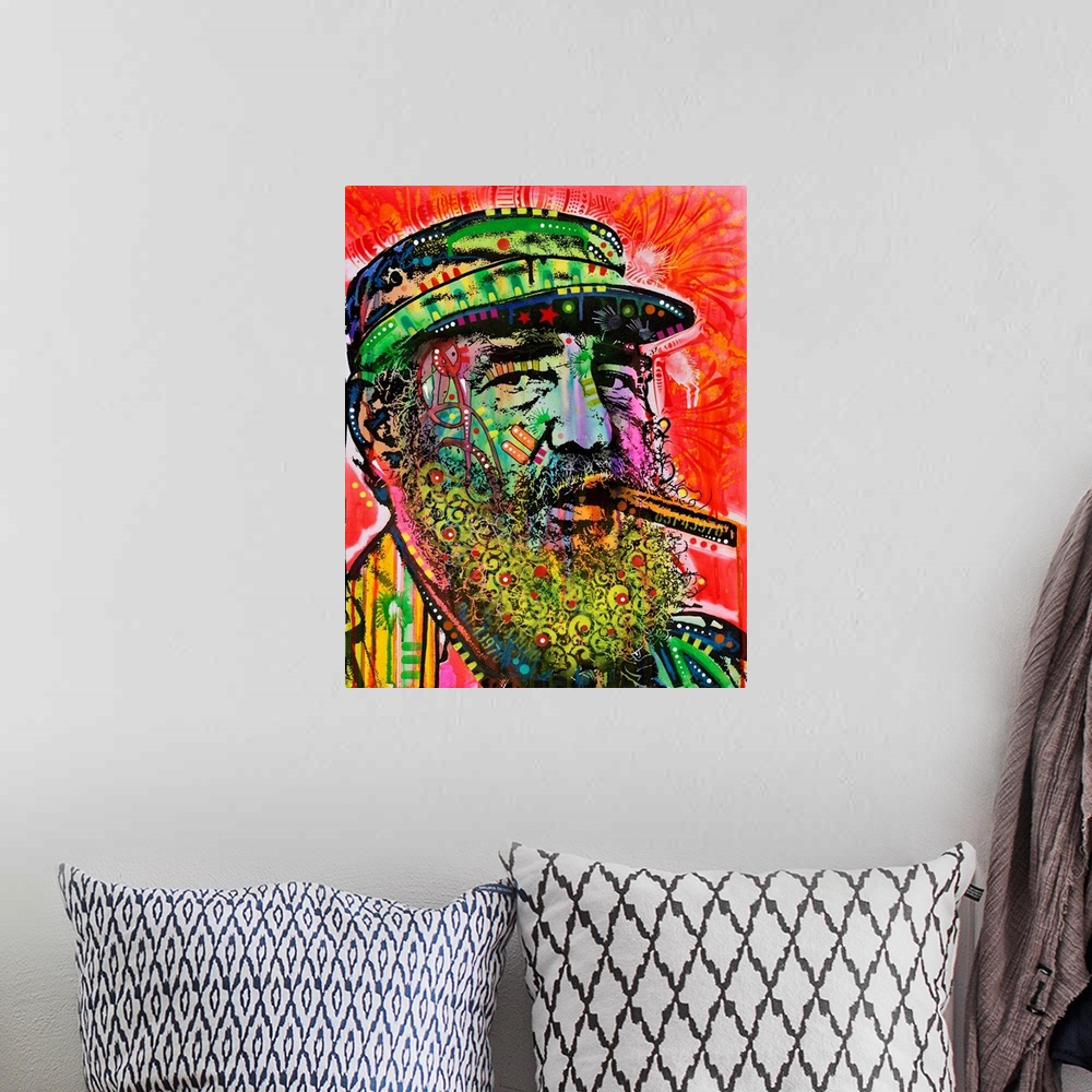 A bohemian room featuring Pop art style painting of Fidel Castro smoking a cigar with different colors and abstract designs...
