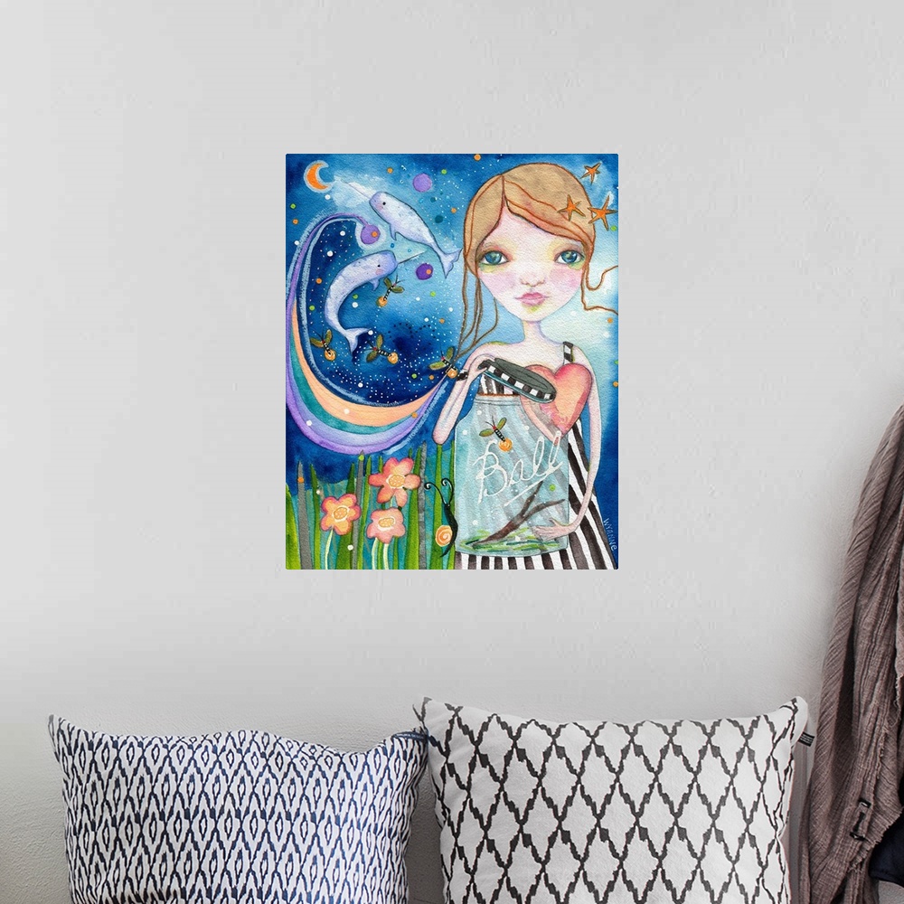 A bohemian room featuring A girl holding a jar with whales flying out of it into the night sky.