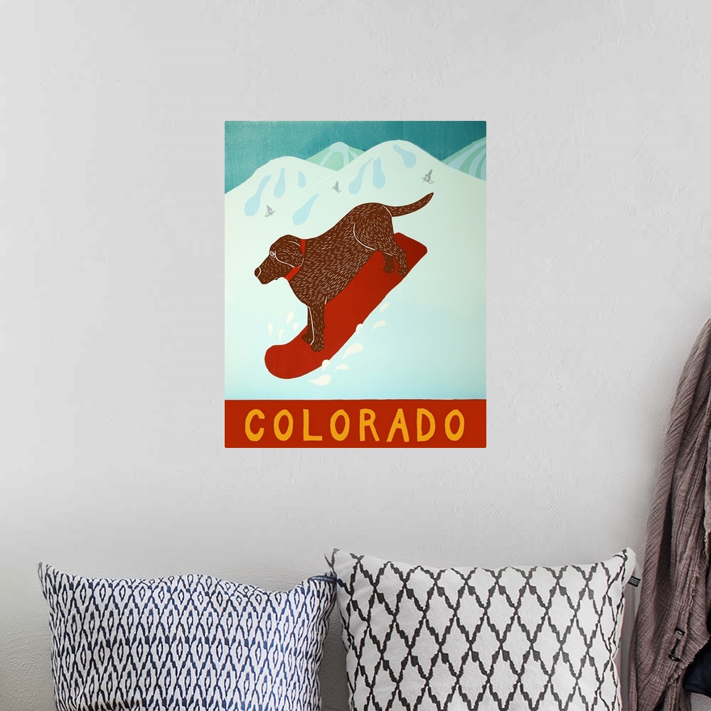 A bohemian room featuring Illustration of a chocolate lab going down the slopes in Colorado on a red snowboard.