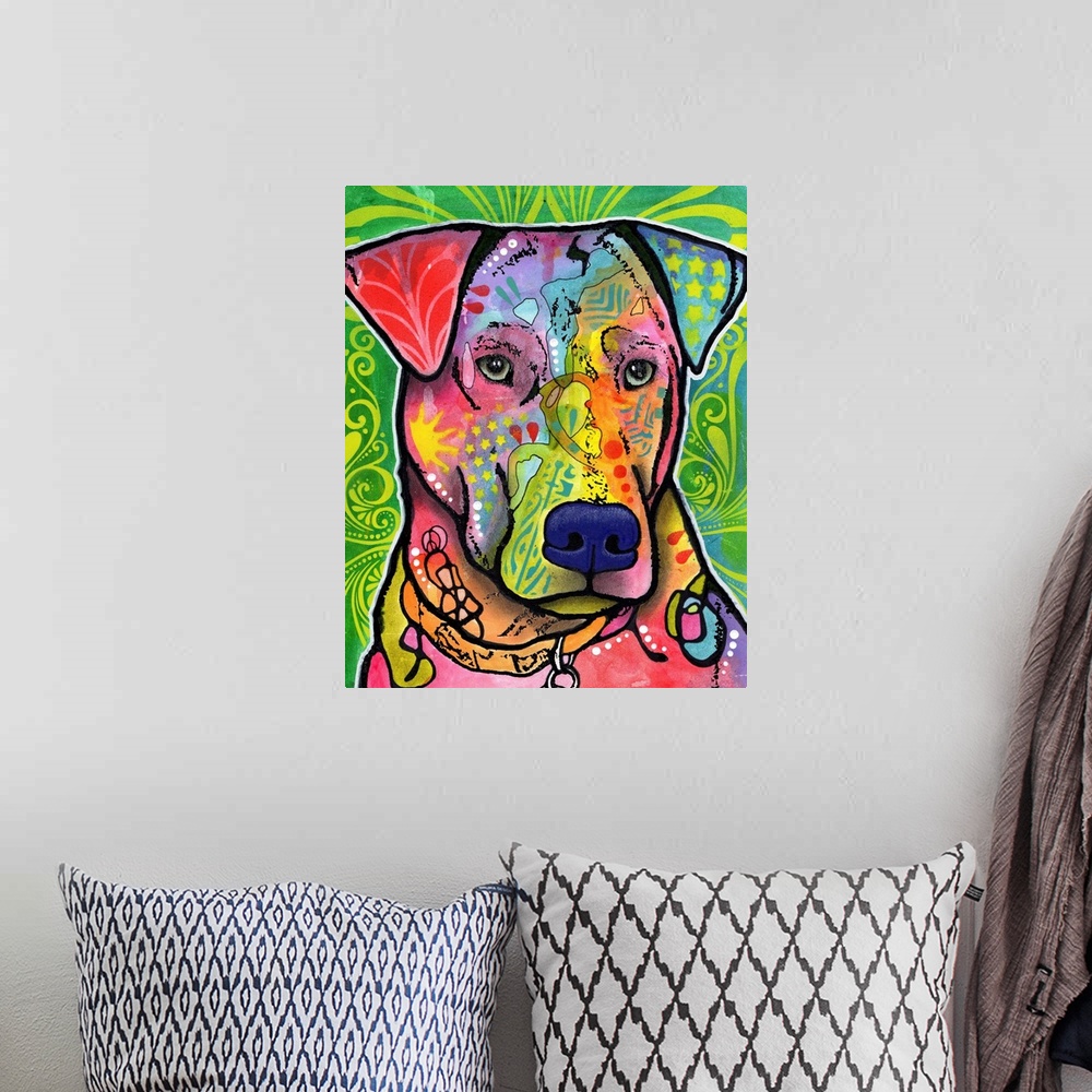 A bohemian room featuring Painting of a colorful dog with abstract markings on a green, yellow, and blue designed background.