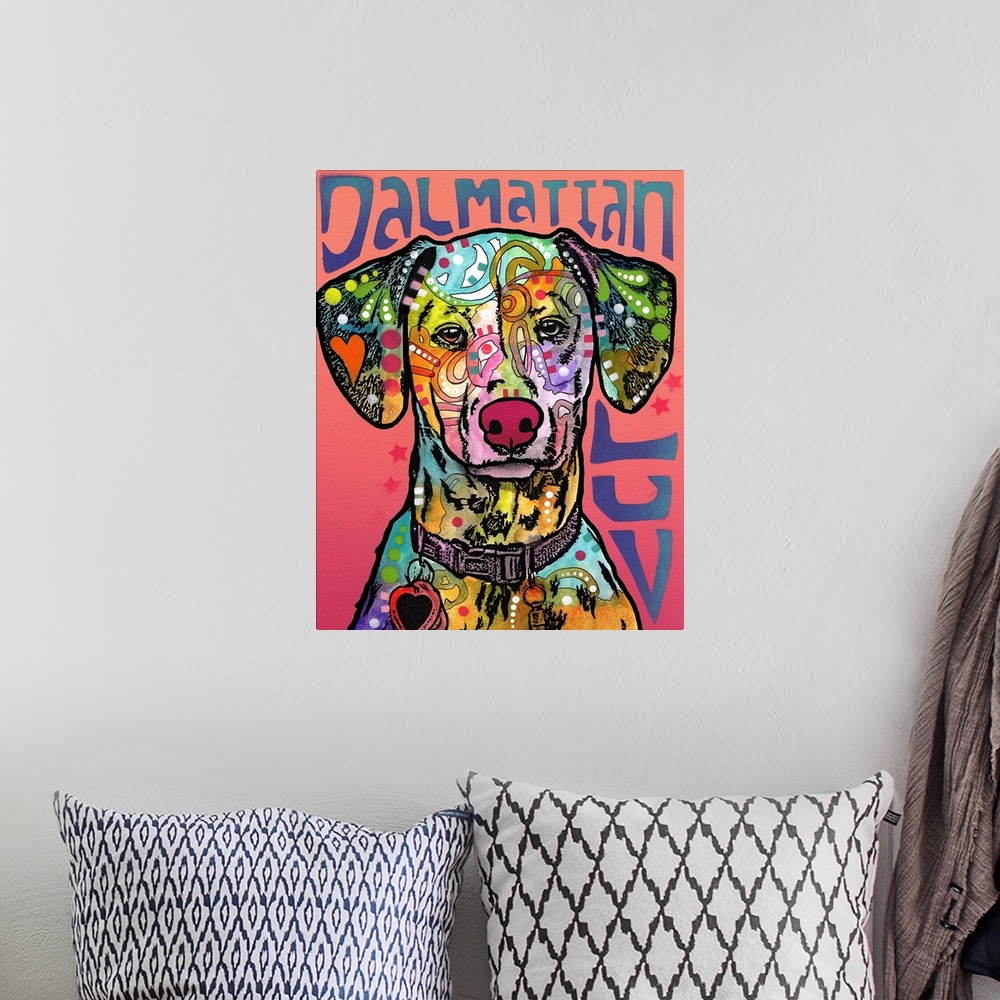 A bohemian room featuring "Dalmatian Luv" written around a colorful painting of a Dalmatian with abstract markings.
