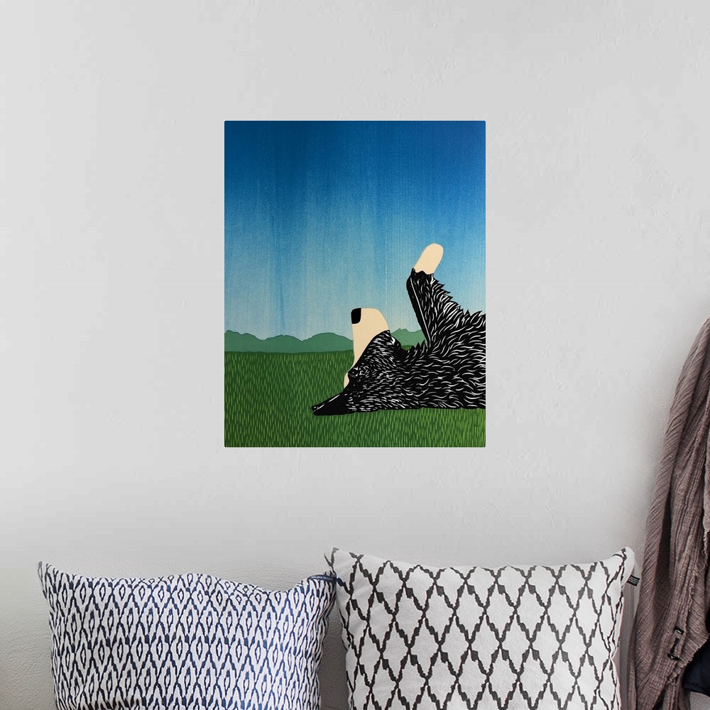 A bohemian room featuring Illustration of a border collie laying on its back on green grass with its paws in the air.