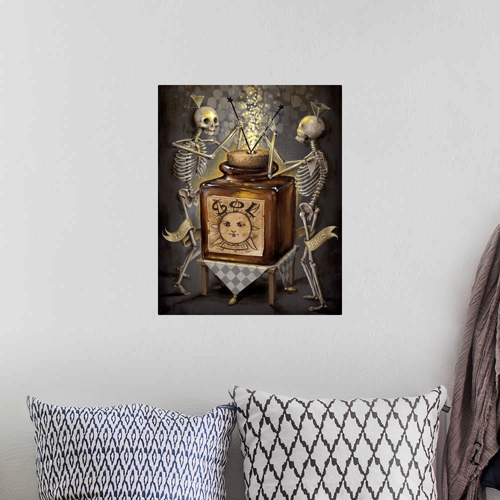 A bohemian room featuring Surrealist painting of two skeletons dancing around a giant corked glass bottle in the shape of a...