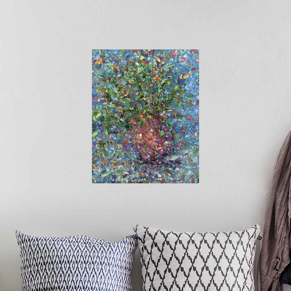 A bohemian room featuring Contemporary painting of a vase of flowers starting to tip over.