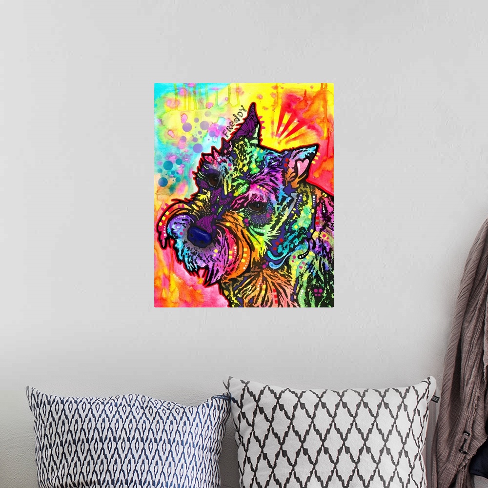 A bohemian room featuring Vibrant painting of a Schnauzer named Freddy with colorful markings and his name handwritten abov...