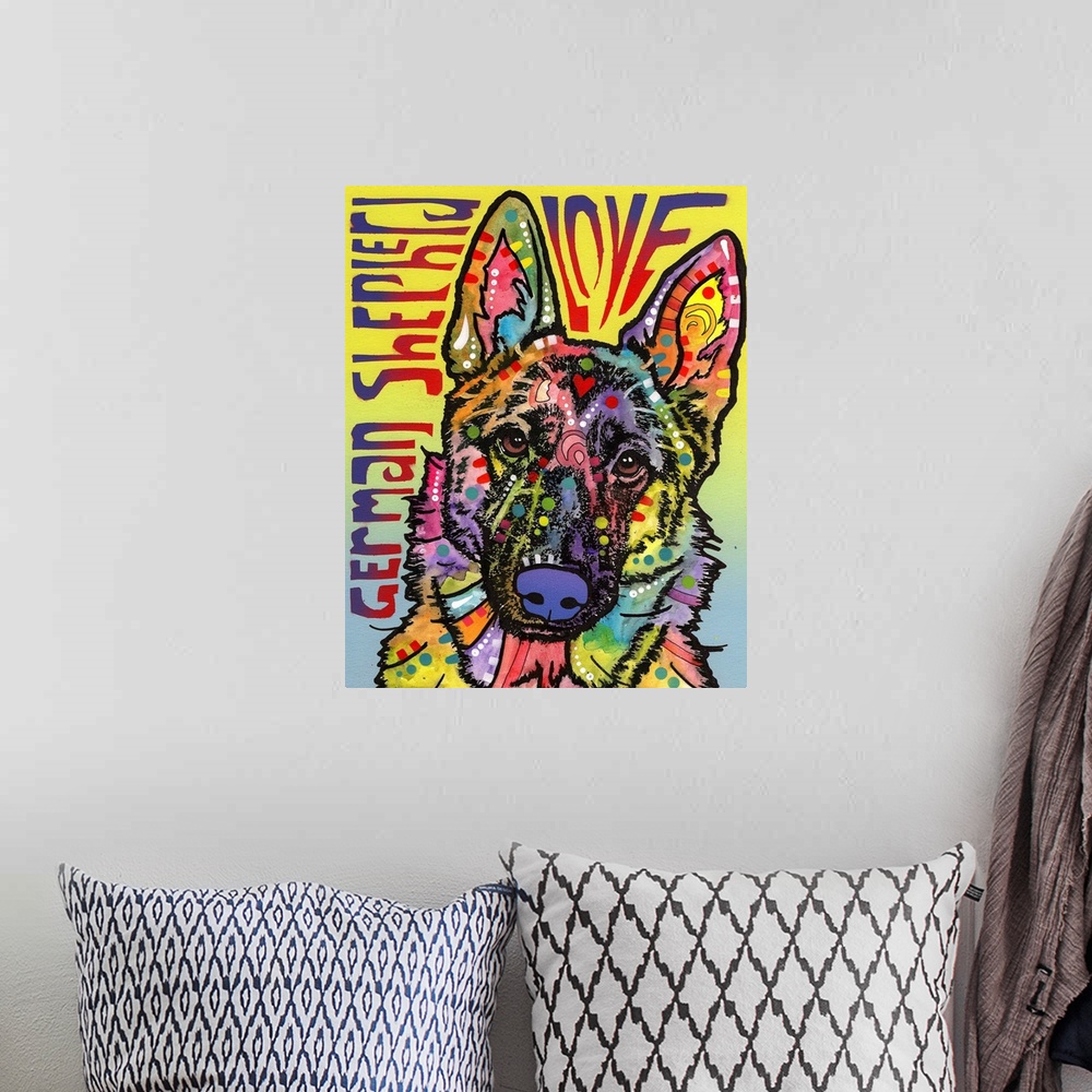A bohemian room featuring "German Shepherd Love" written around a colorful painting of a German Shepherd with abstract mark...