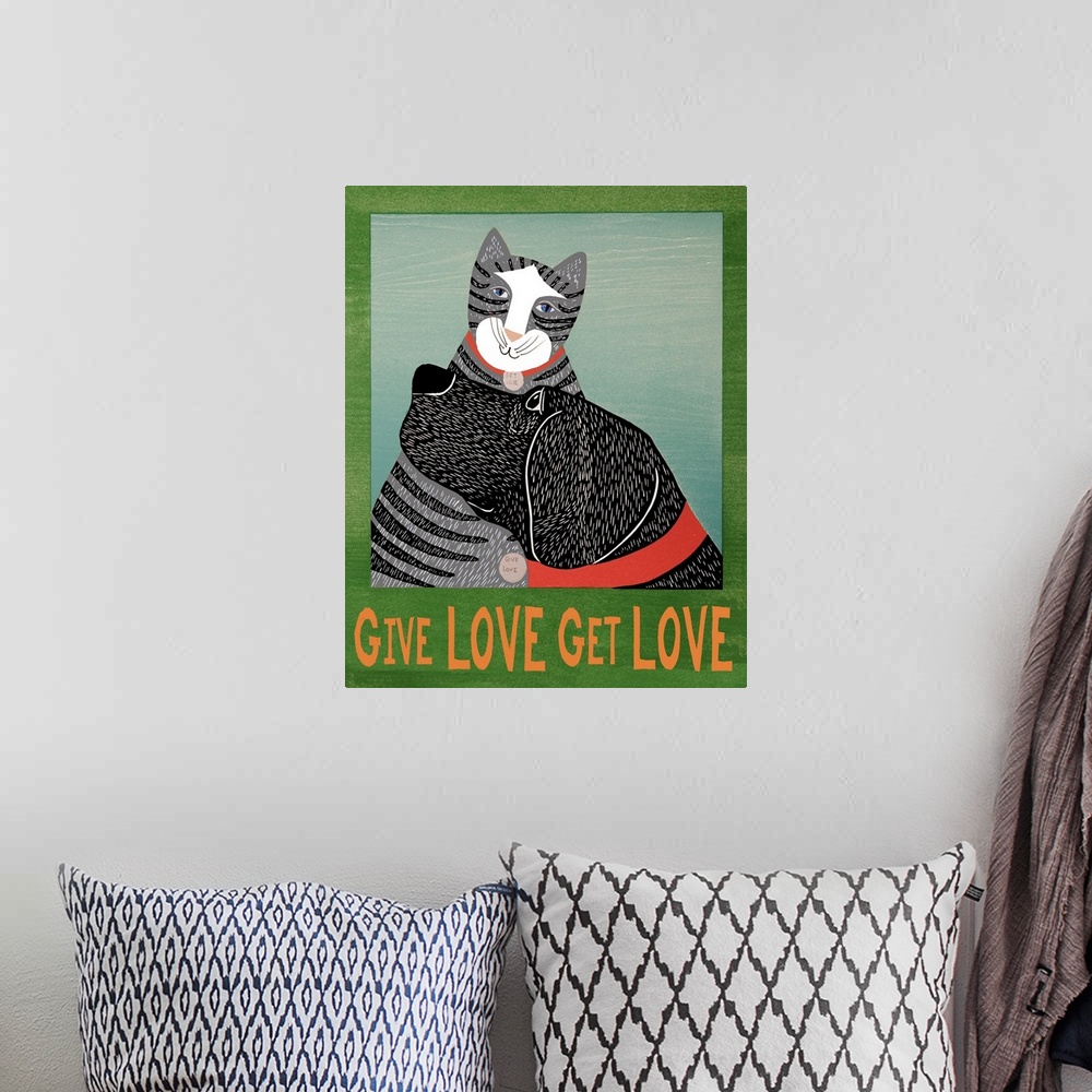 A bohemian room featuring Illustration of a cat and dog snuggling each other with the phrase "Give Love Get Love" written o...