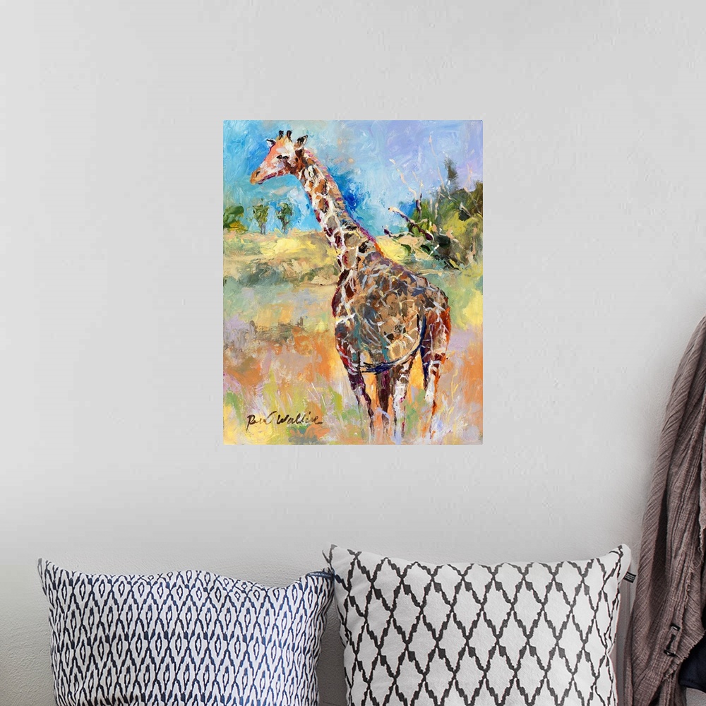A bohemian room featuring Abstract painting of a giraffe in its habitat.