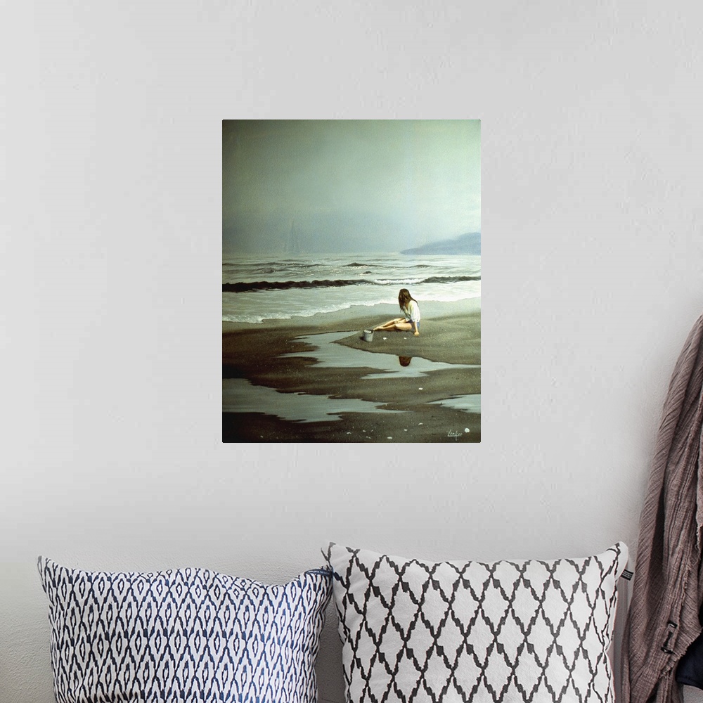 A bohemian room featuring Contemporary painting of a young woman on the beach watching the waves.