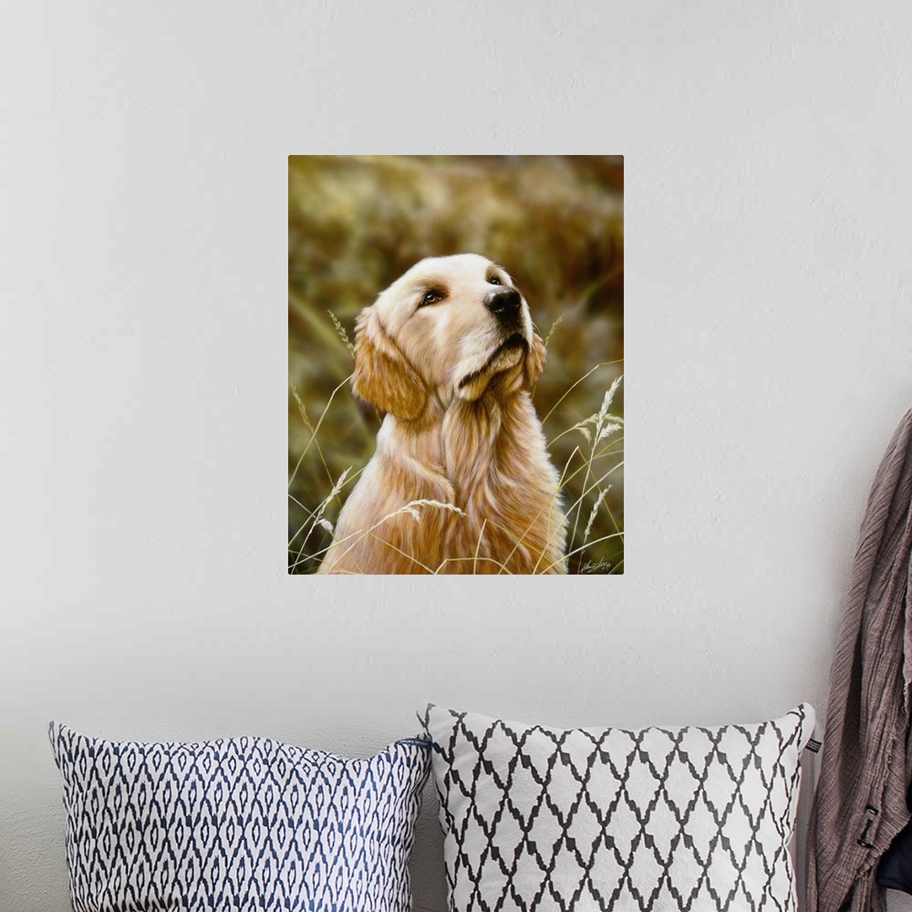A bohemian room featuring Contemporary painting of a golden retriever sitting and looking up at something.