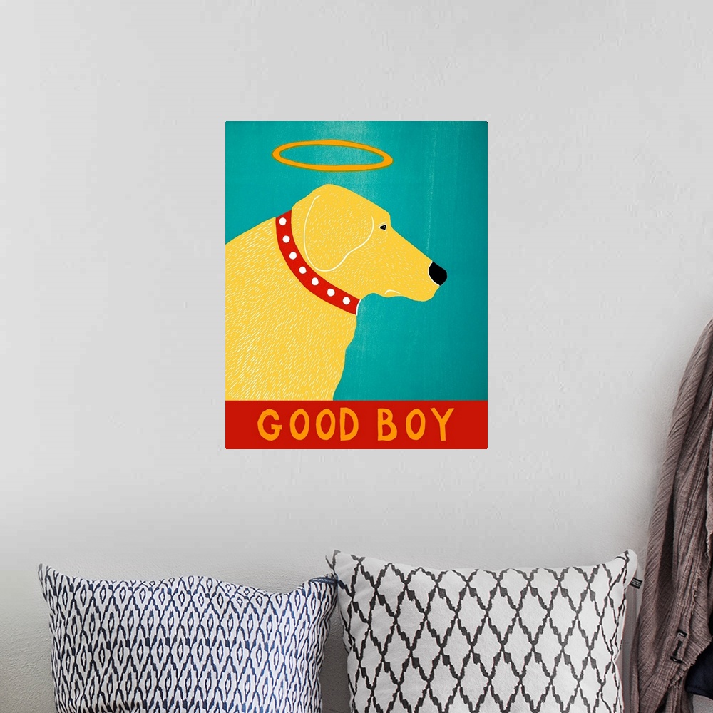 A bohemian room featuring Illustration of a yellow lab with a halo and the phrase "Good Boy" written on the bottom.