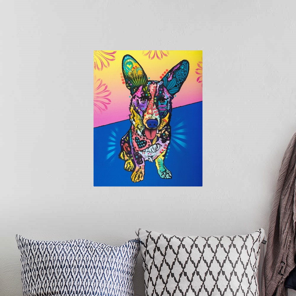 A bohemian room featuring Pop art style painting of a dog wearing a bandanna and colorful abstract designs on a blue, pink,...
