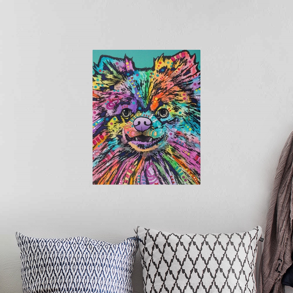 A bohemian room featuring Colorful painting of a Pomeranian with abstract designs on a teal background.