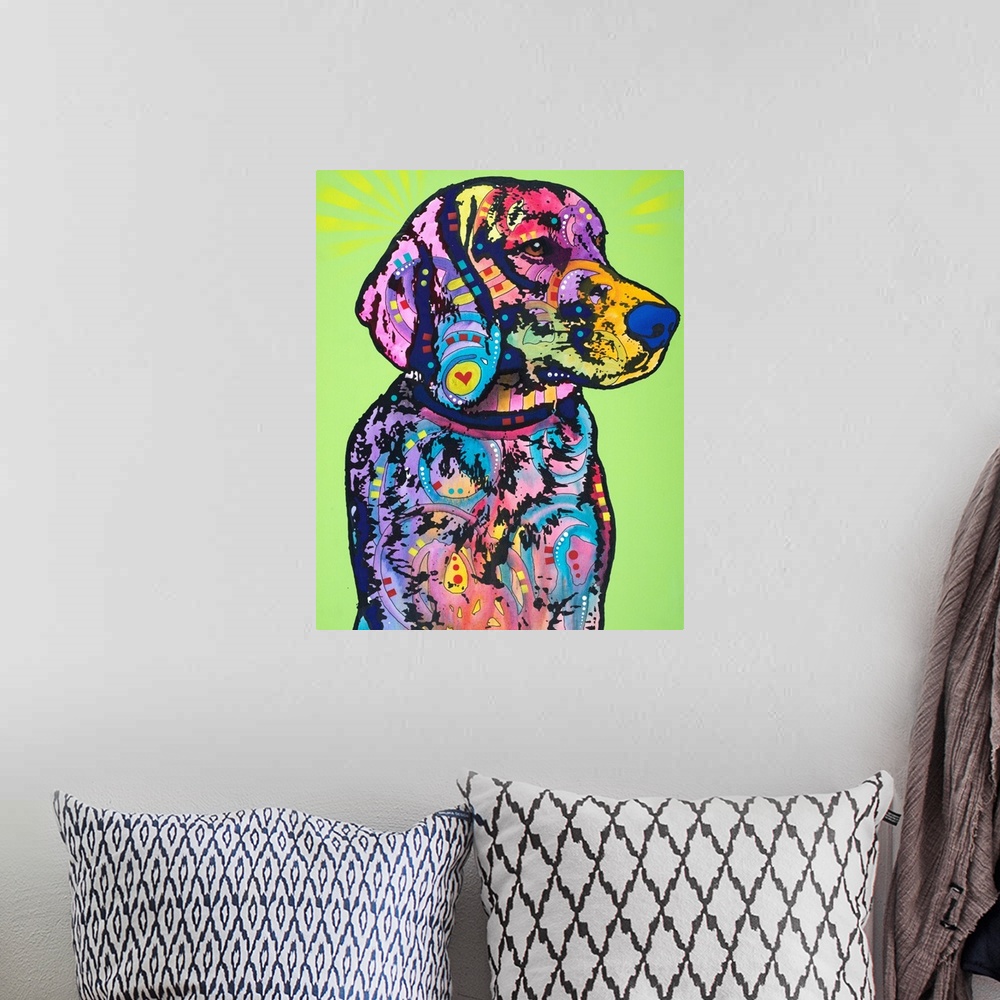 A bohemian room featuring Colorful painting of a retriever with abstract designs on a green background.