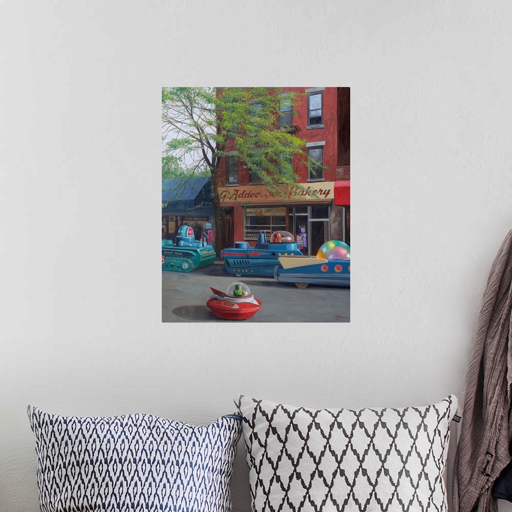 A bohemian room featuring A contemporary painting of a street scene in a city with retro toy robots driving spaceship vehic...