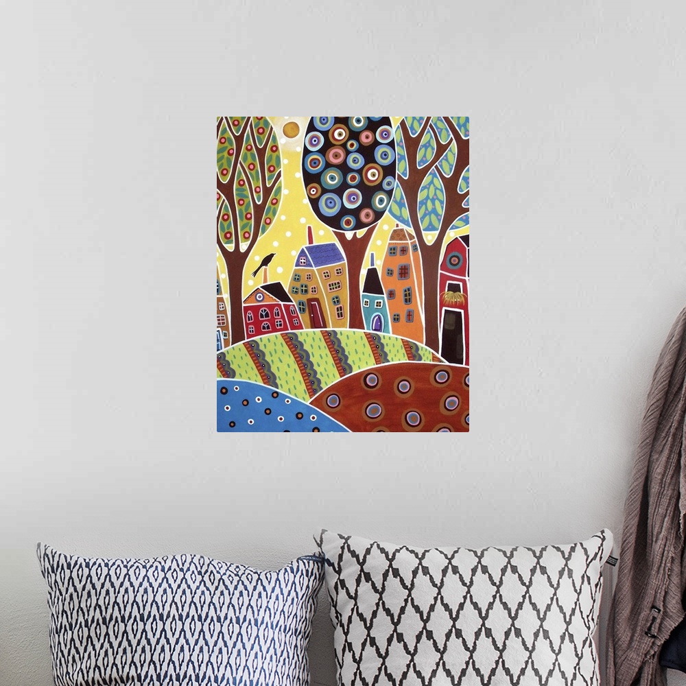 A bohemian room featuring Contemporary painting of a village full of colorful houses.