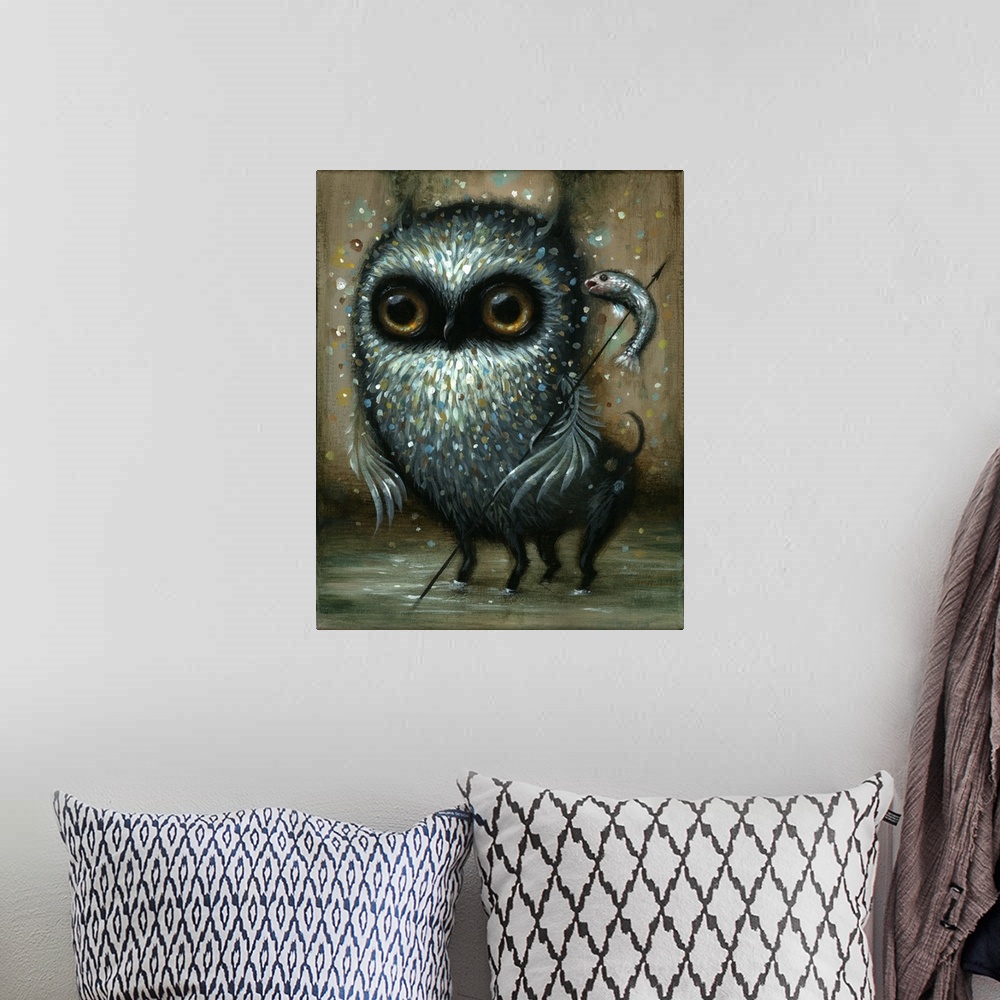 A bohemian room featuring Surrealist painting of an owl with the lower half of it being a four legged animal, while holding...