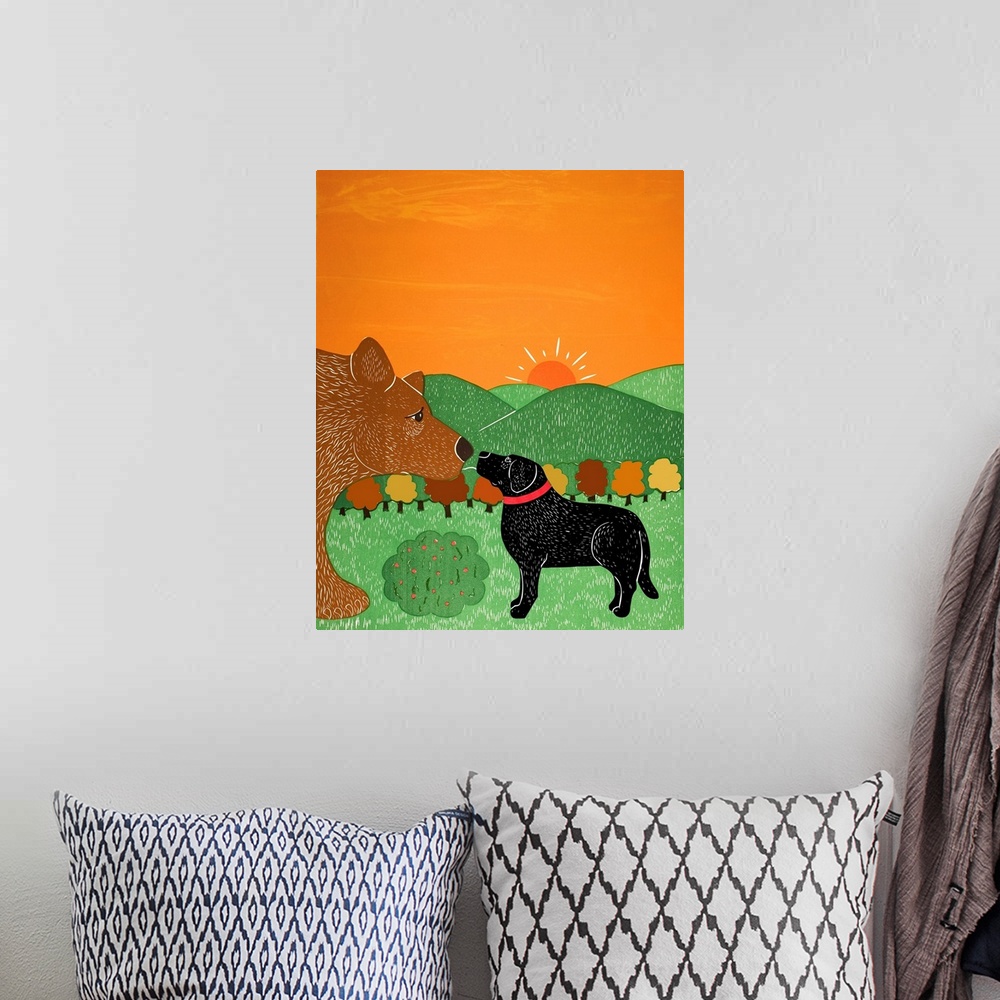 A bohemian room featuring Illustration of a black lab and a brown bear smelling/greeting each other on a sunny Fall day.