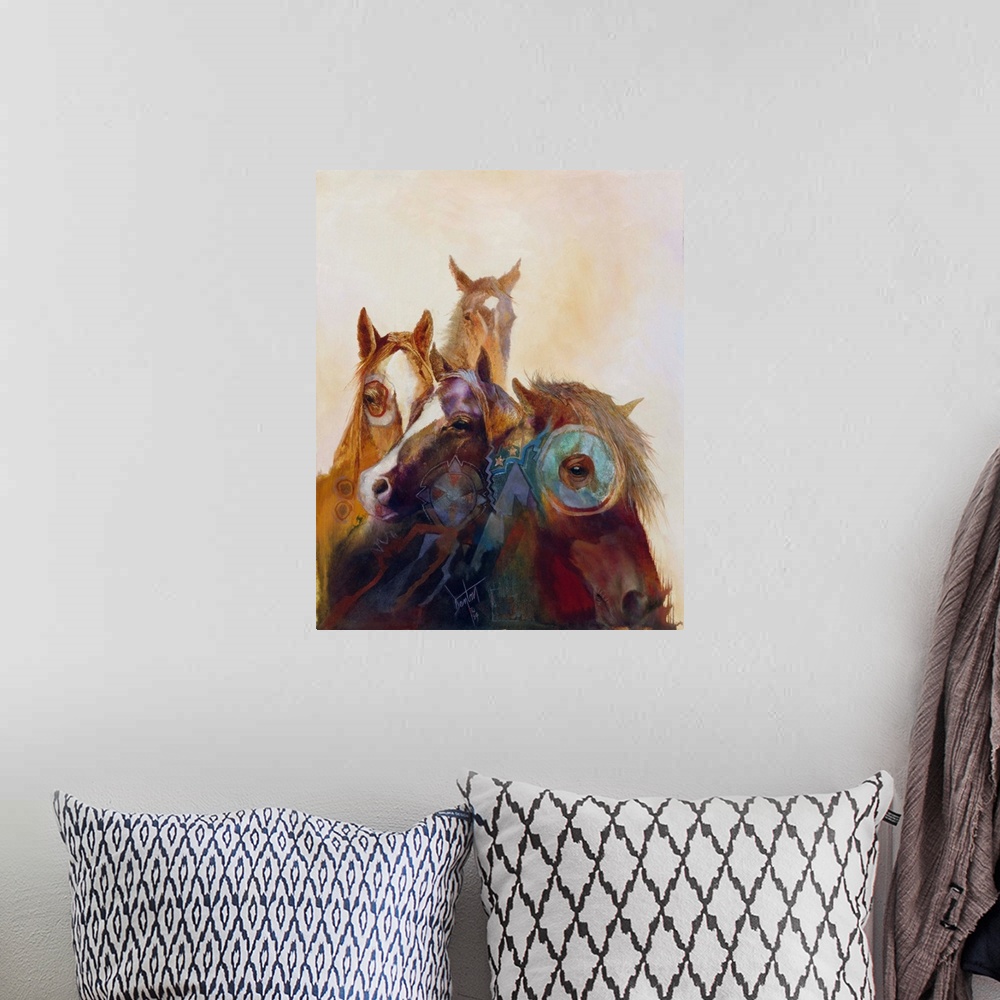 A bohemian room featuring Contemporary painting of wild horses painted in Native American regalia.