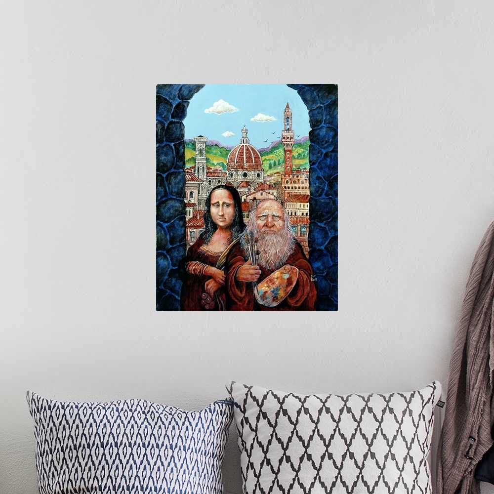 A bohemian room featuring Mona Lisa and Da Vinci. duomo in and medieval city in background