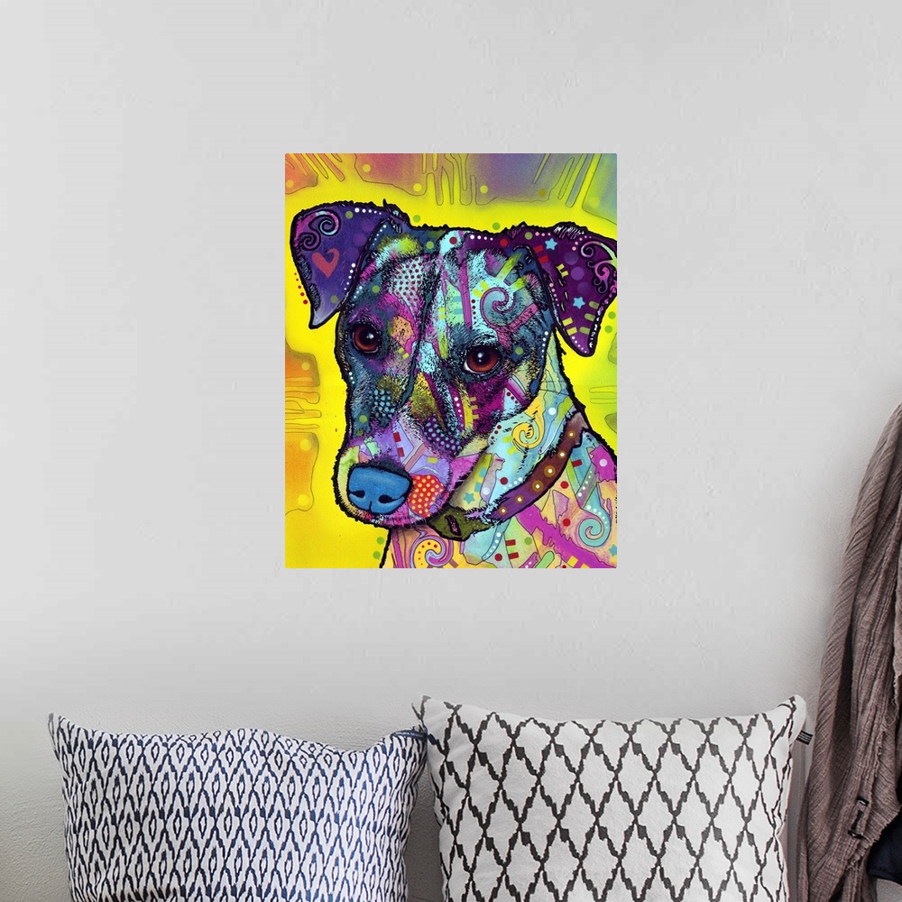 A bohemian room featuring Pop art style painting of a Jack Russel with abstract designs.