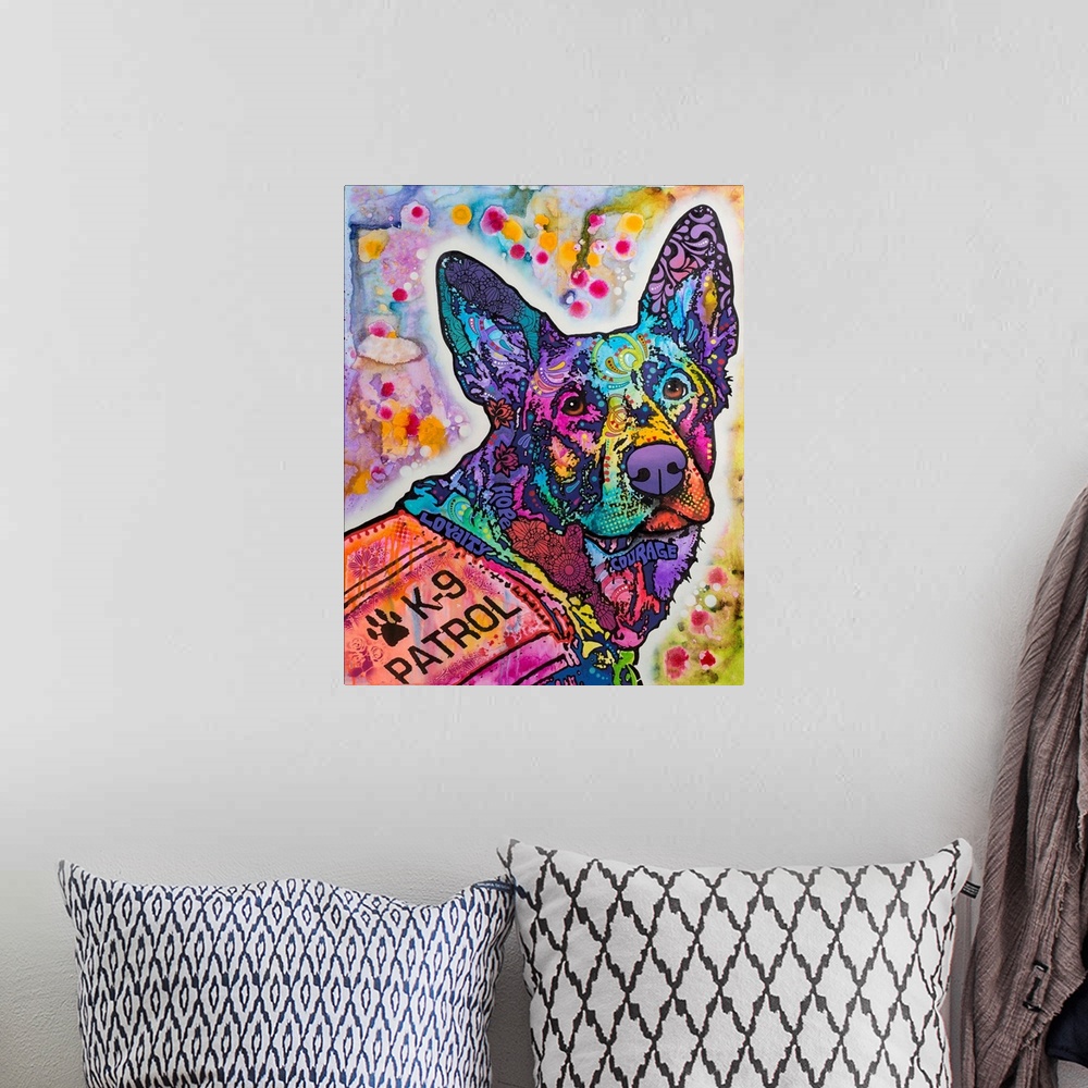 A bohemian room featuring Pop art style painting of German Shepard dog with abstract designs wearing a K-9 Patrol vest.