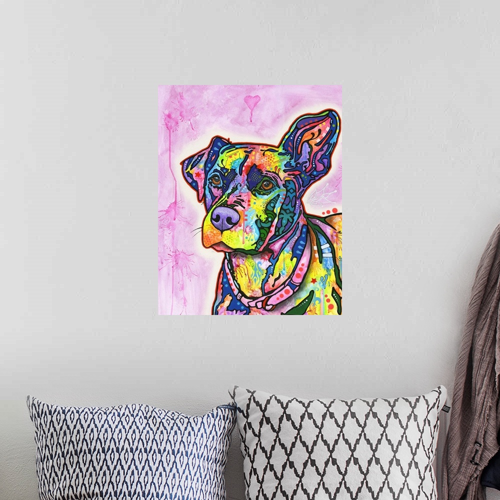 A bohemian room featuring Colorful painting of a Labrador with graffiti-like designs on a pink background.