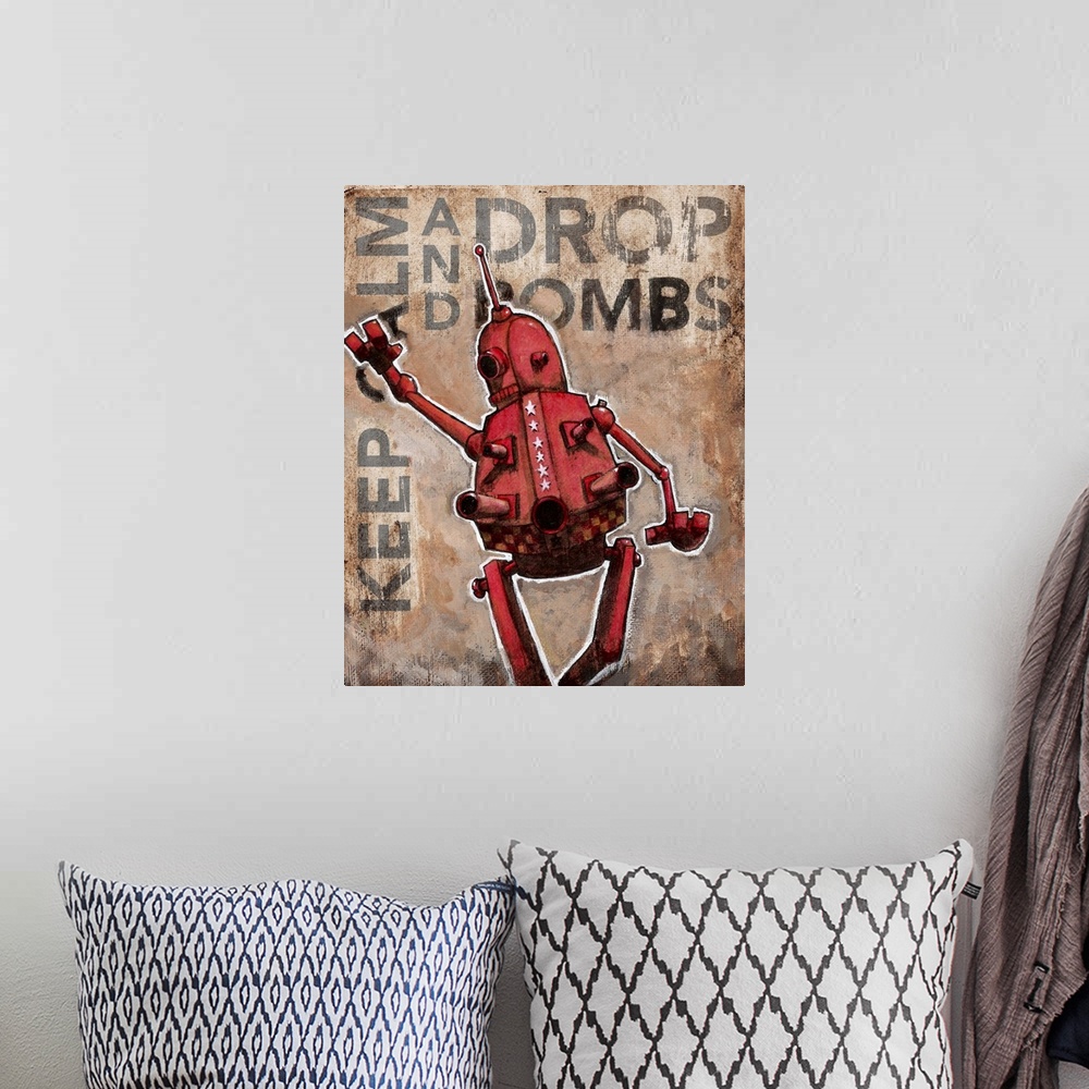 A bohemian room featuring Illustration of a red robot armed with missles.