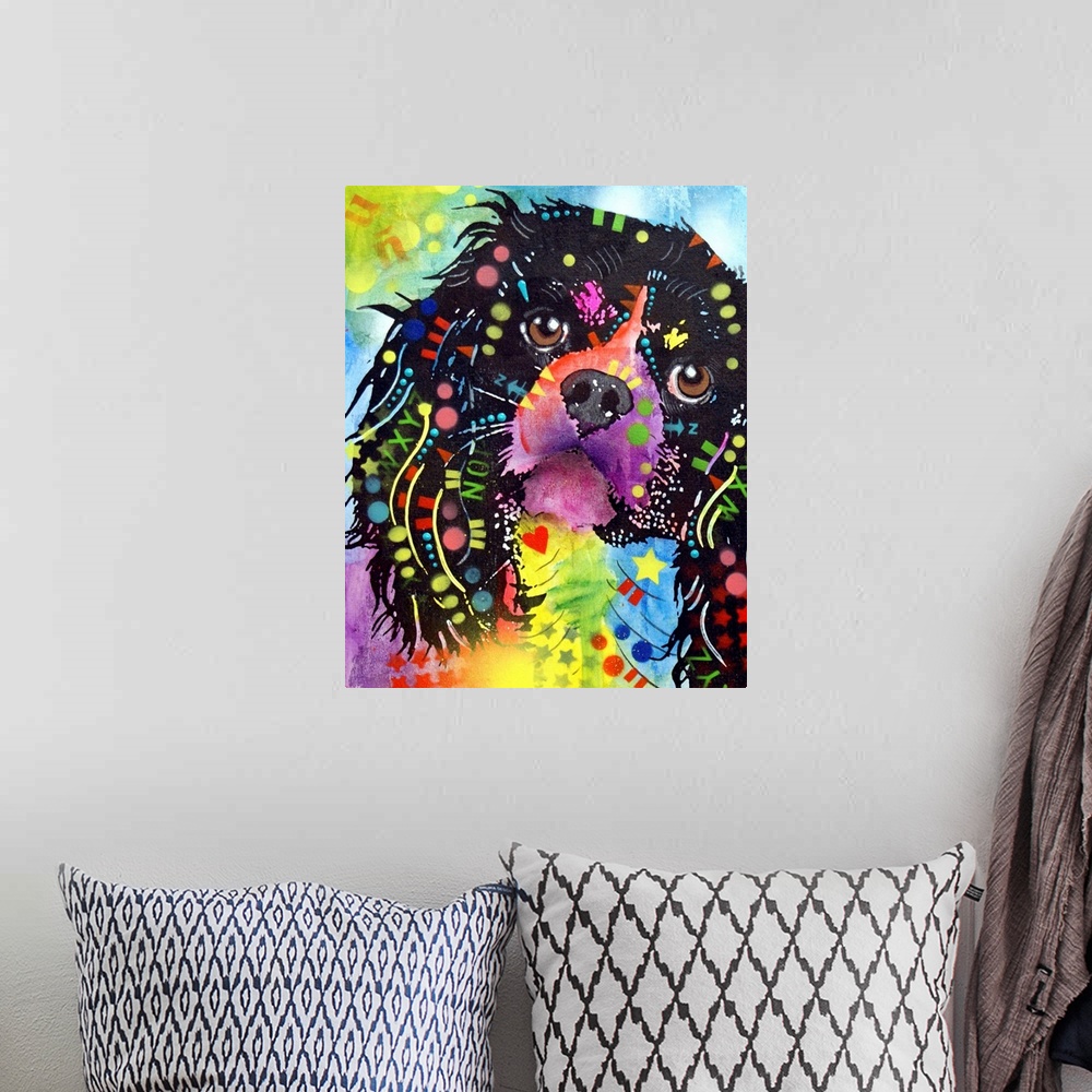 A bohemian room featuring Contemporary stencil painting of a king charles spaniel filled with various colors and patterns.