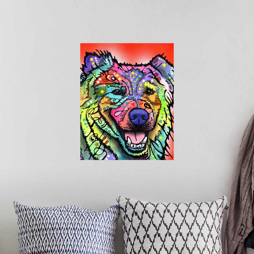 A bohemian room featuring Colorful painting of a happy dog in every color of the rainbow with graffiti like designs and a r...
