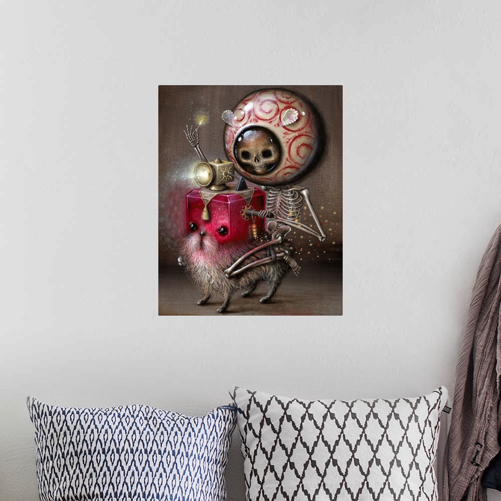 A bohemian room featuring Surrealist painting of a human skeleton wearing a large colorful round helmet, riding a creature ...