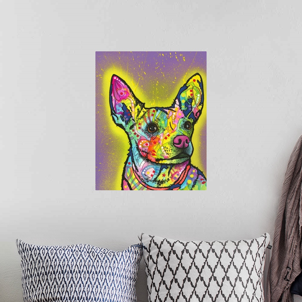 A bohemian room featuring Pop art style painting of a colorful Italian Greyhound with graffiti-like designs on  a purple ba...