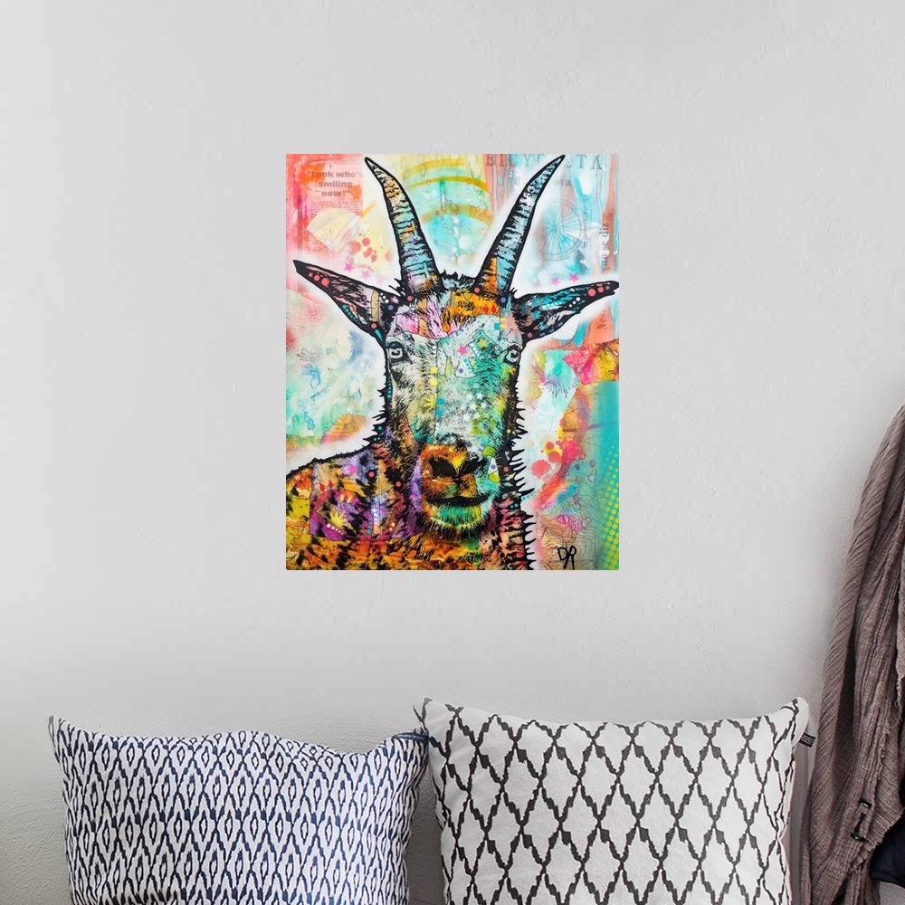 A bohemian room featuring Painted portrait of a goat on a colorfully designed background.