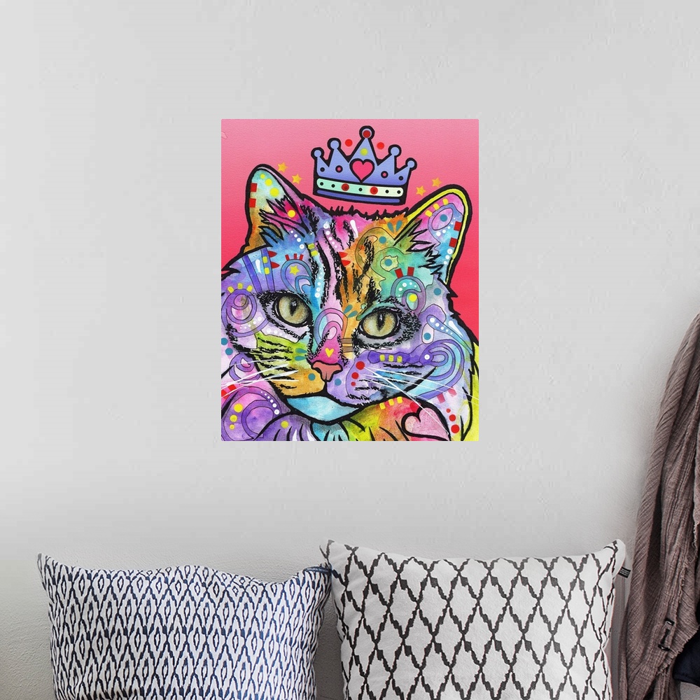 A bohemian room featuring Colorful illustration of a princess cat wearing a crown and covered in abstract markings on a pin...