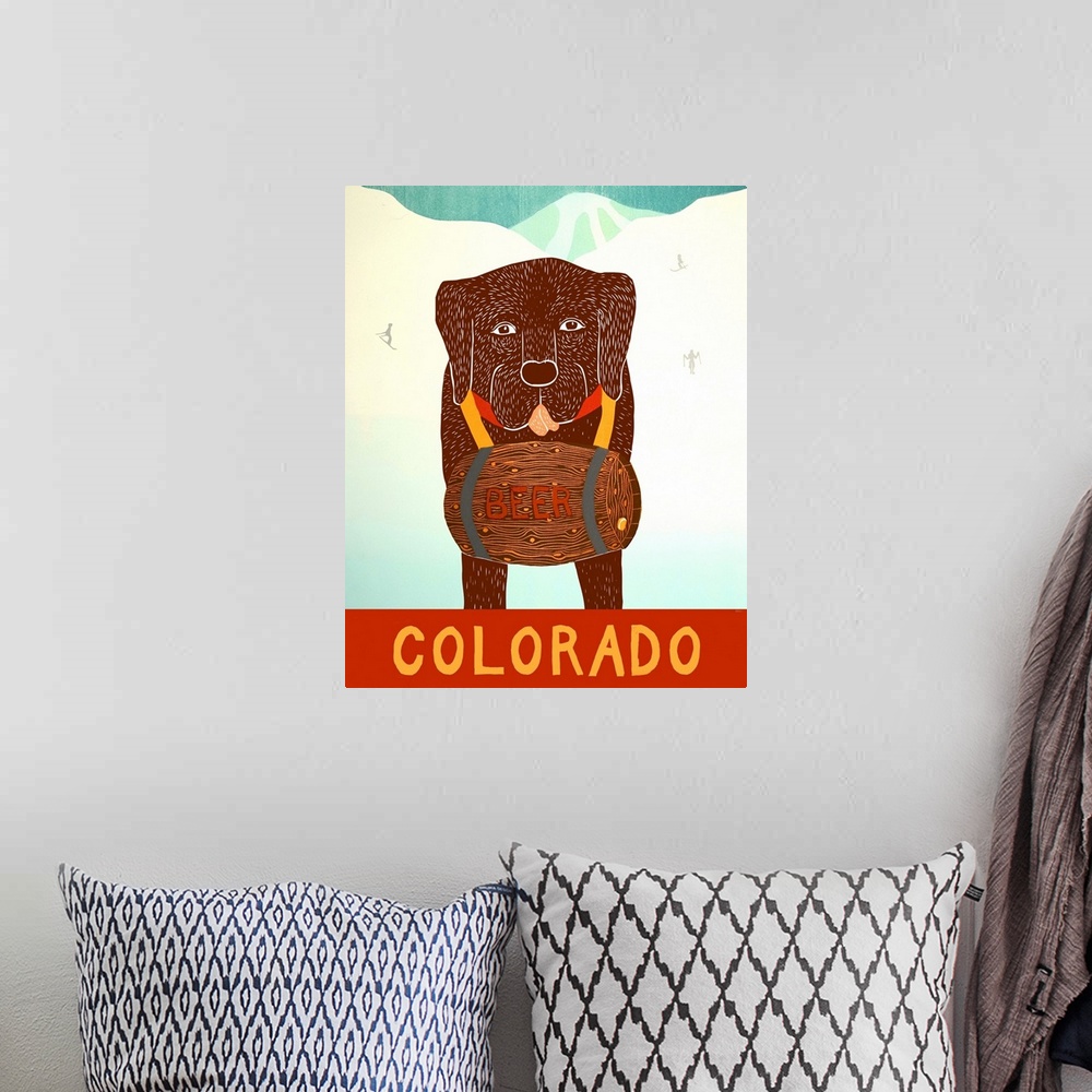 A bohemian room featuring Illustration of a chocolate lab with a barrel of beer around its neck on the ski slopes with "Col...