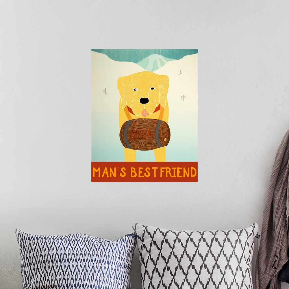 A bohemian room featuring Illustration of a yellow lab with a barrel of beer around its neck on the ski slopes with the phr...