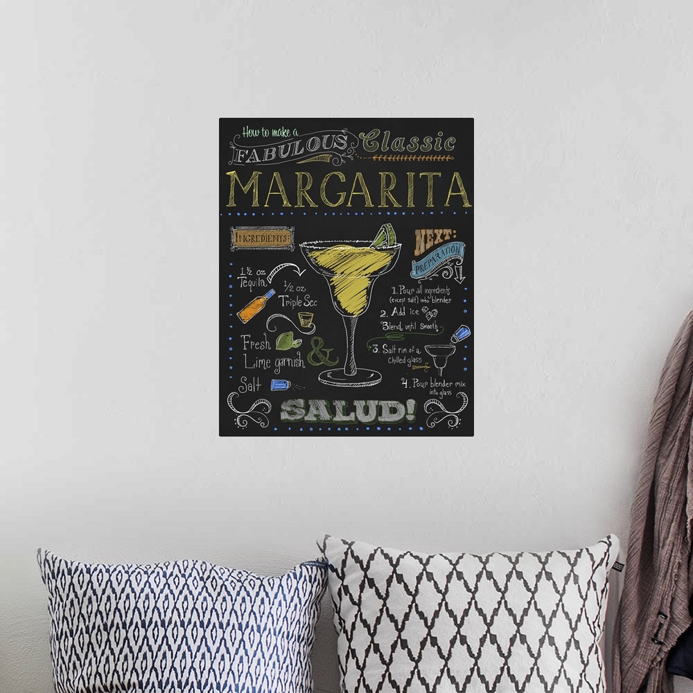 A bohemian room featuring Chalkboard-style sign with instructions and ingredients for making a margarita.